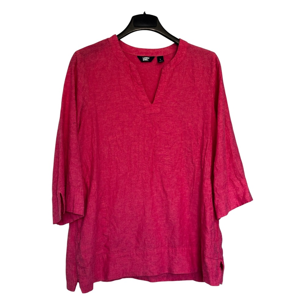 Lands End Pink Linen Blend V-Neck Tunic Blouse 3/4 Sleeve Size L Resort Boho